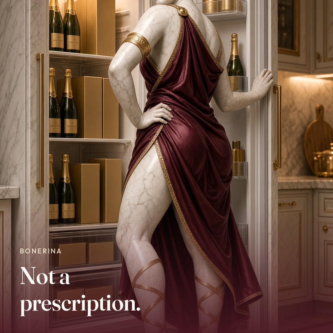 She opens a fridge of champagne. The picture says not a prescription.