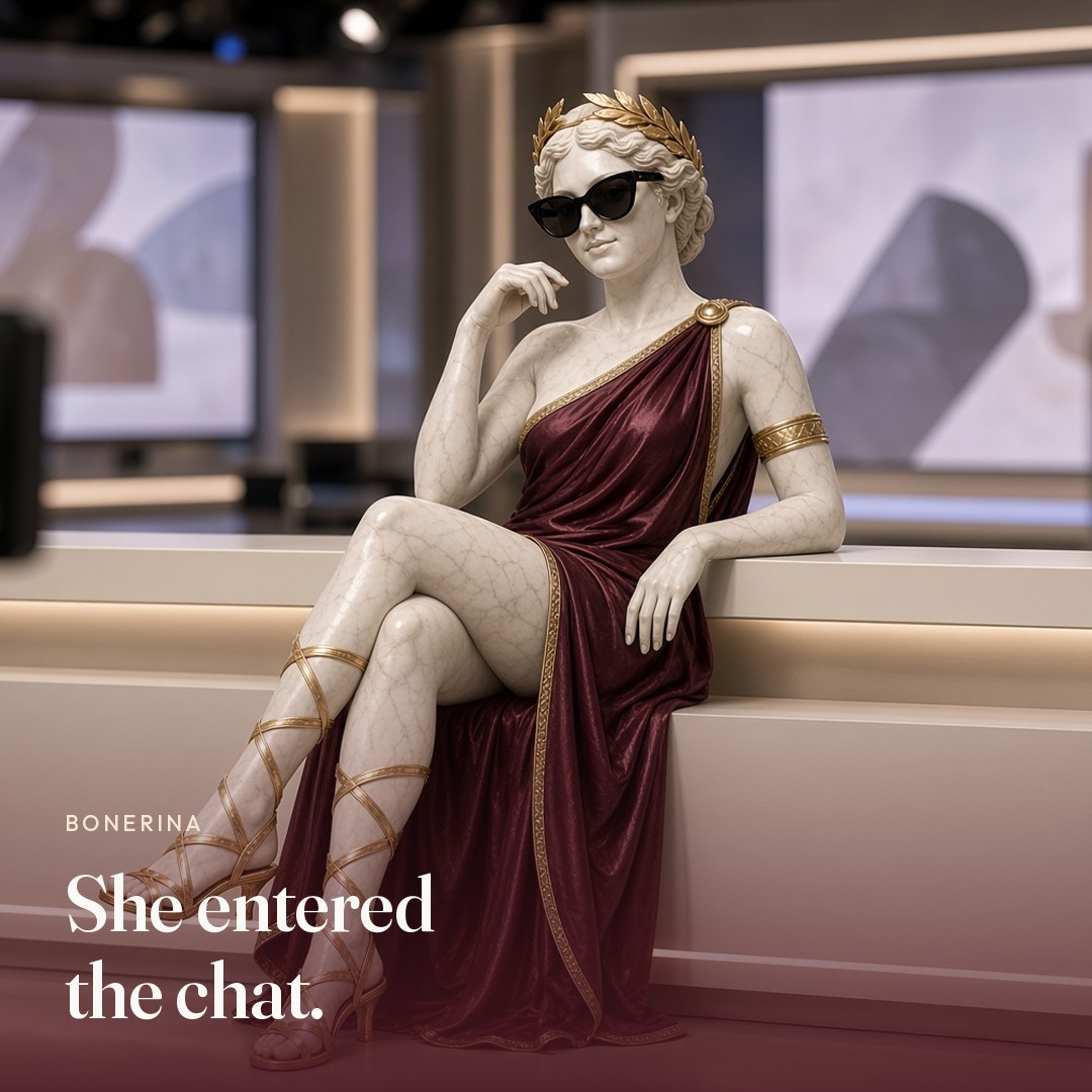 She sits at a news desk. The picture says she entered the chat.
