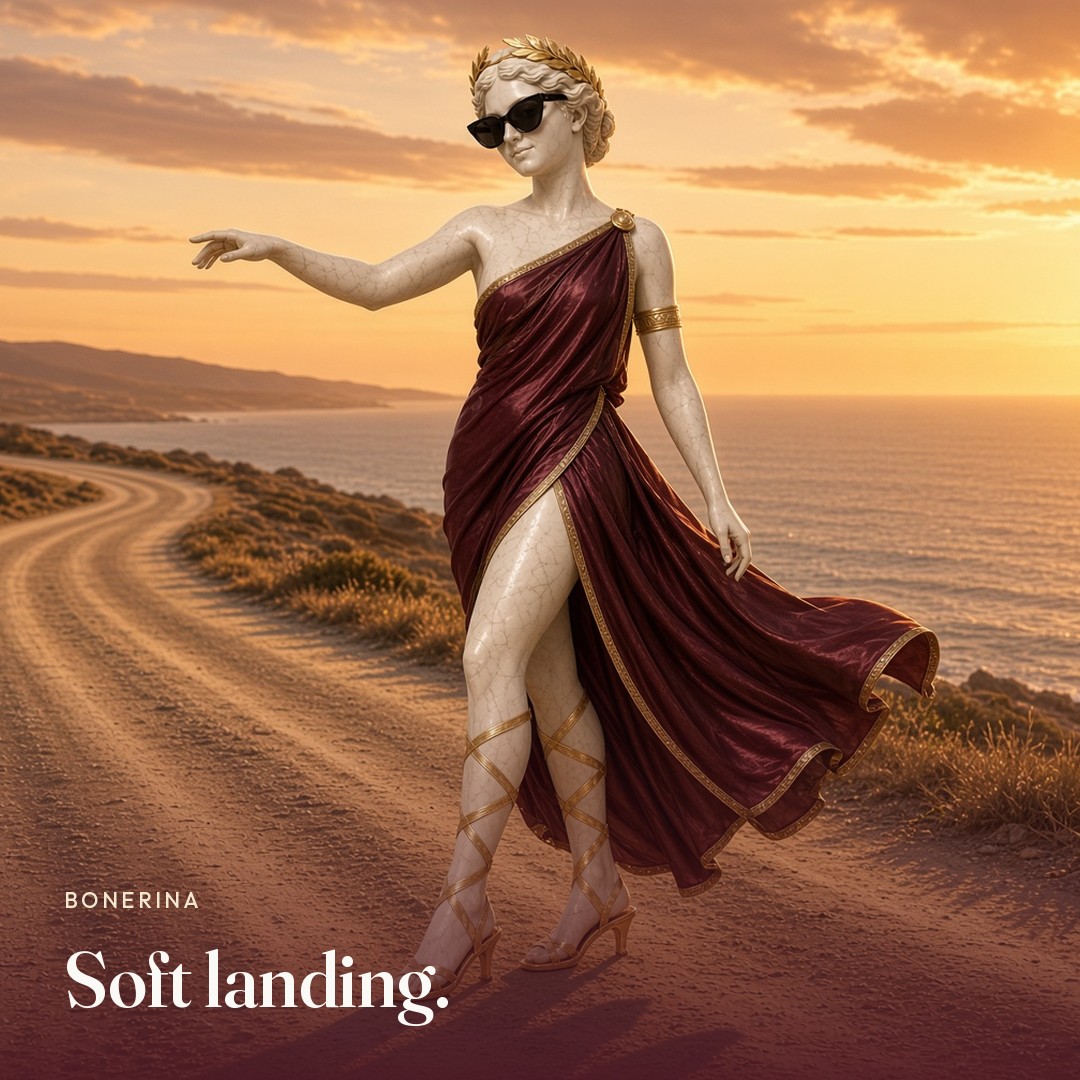 She strides a sunset track. The picture says soft landing.