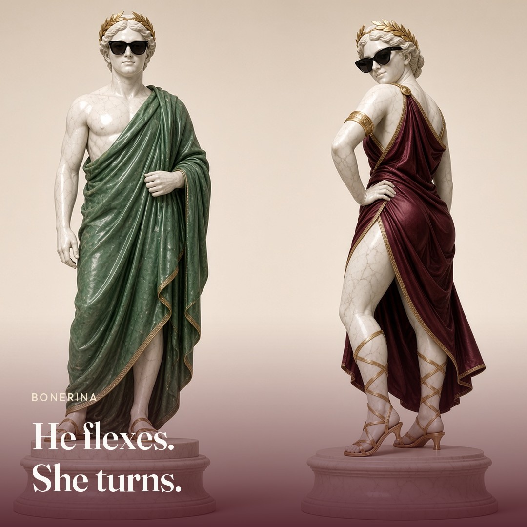 Two marble statues. The picture says he flexes, she turns.