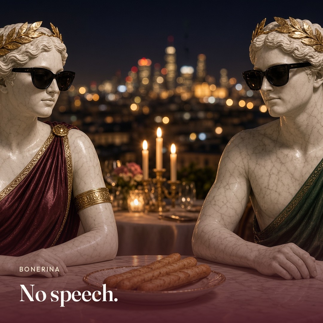 The pair at a rooftop table. The picture says no speech.