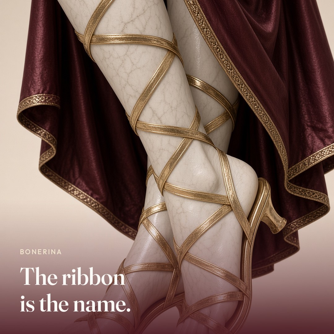 Gold ballet ribbons on marble calves. The picture says the ribbon is the name.