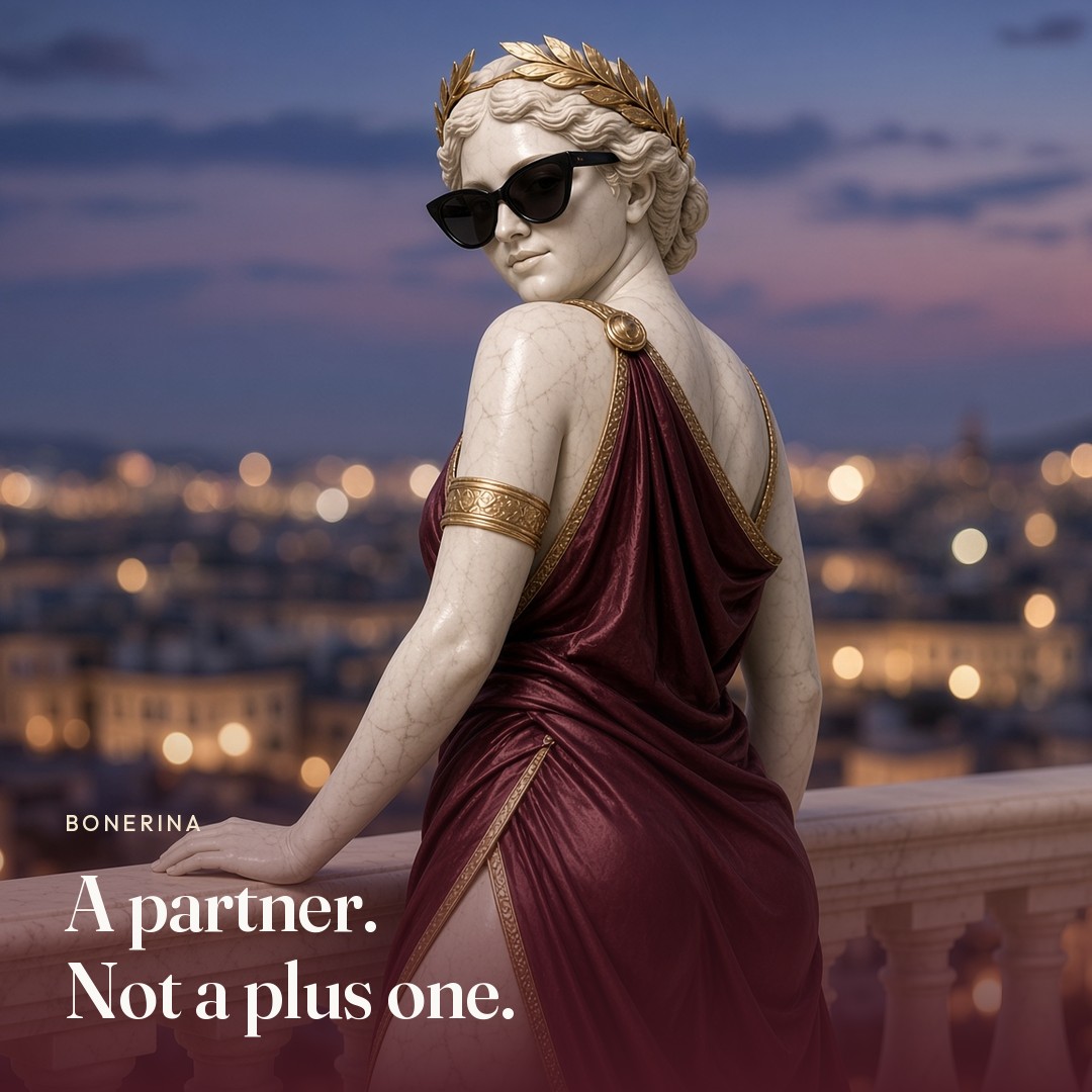 She looks back from a balcony. The picture says a partner, not a plus one.