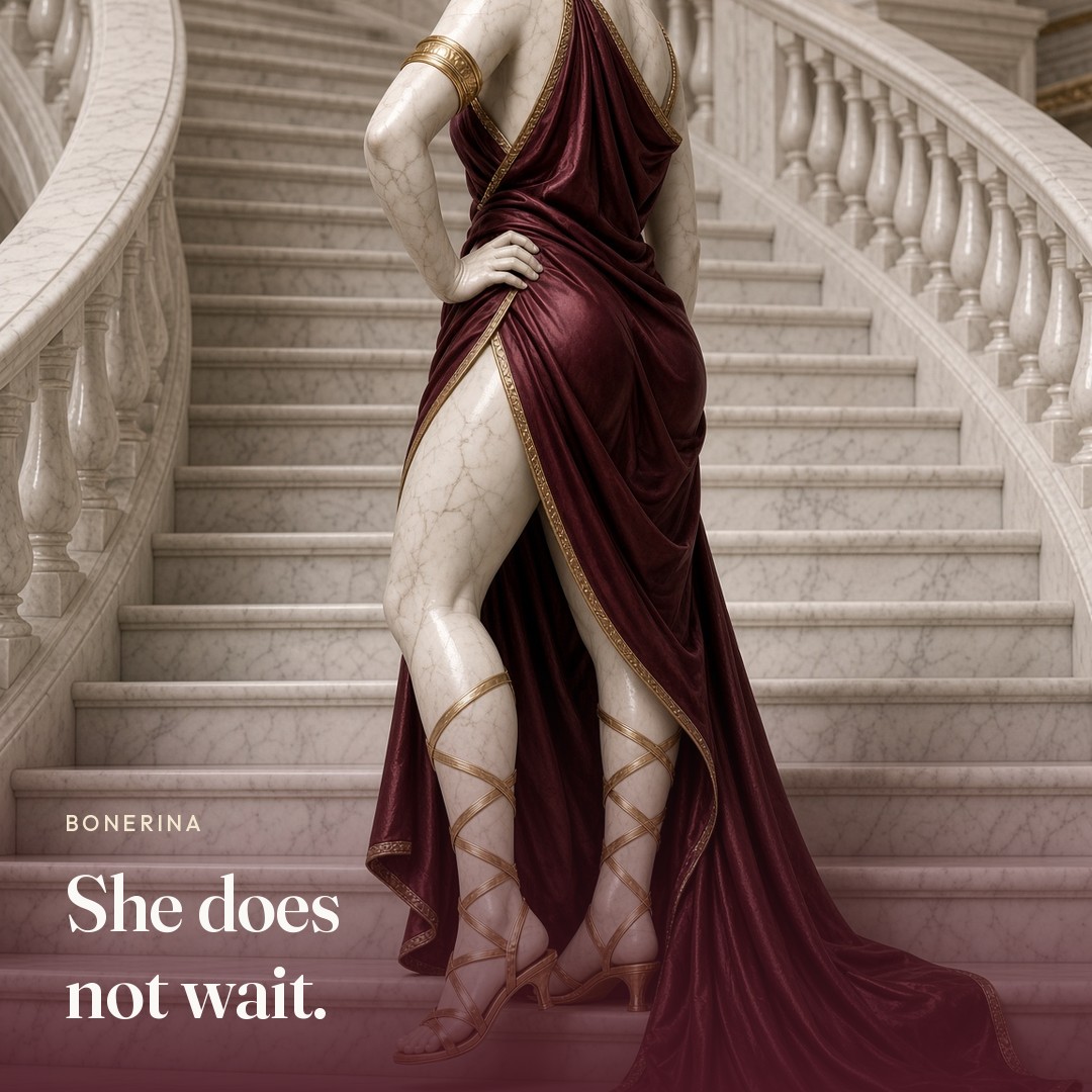 She stands at the top of a staircase. The picture says she does not wait.