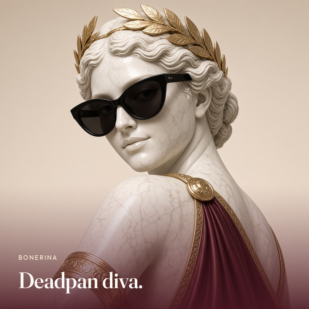 Close portrait in cat-eye sunglasses. The picture says deadpan diva.