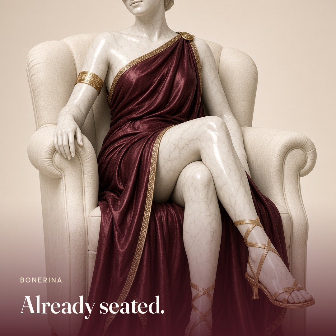She sits in a cream chair. The picture says already seated.